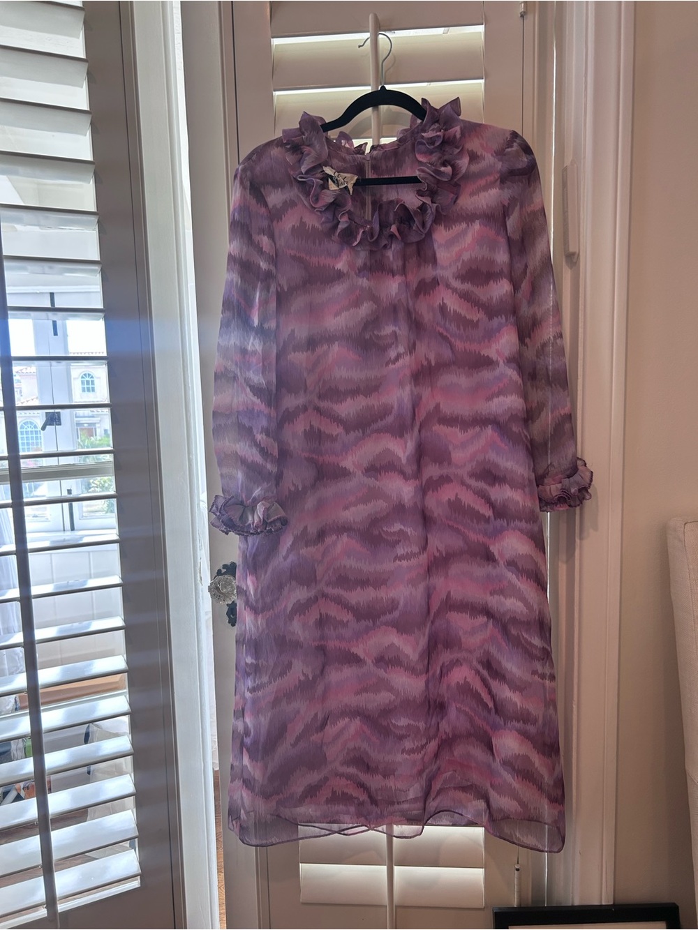 Vintage Umba for Parues Feinstein Sheer Lavender Ruffle-Neck Midi Dress 16